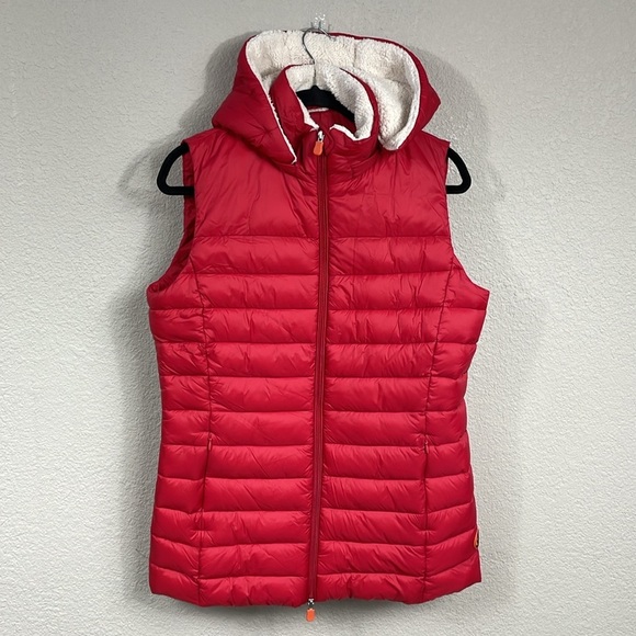 New Save The Duck Ultra Light Jacket Puffer Vest Full Zip Fleece Hood Red Sz M - Picture 1 of 12